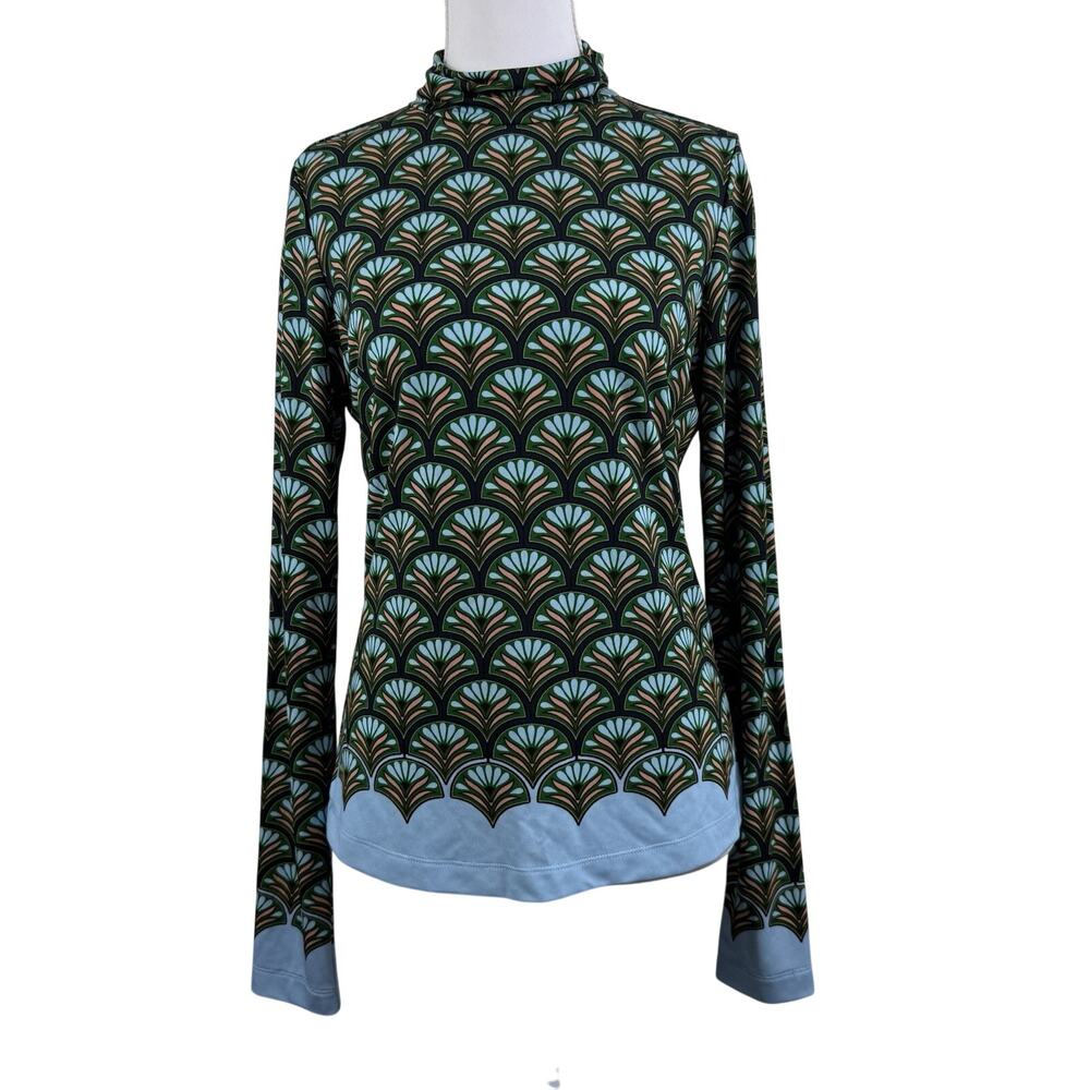 Cara Cara Suzie Art Deco Top In Verve Navy S/M Mock Neck Designer Luxury Prep